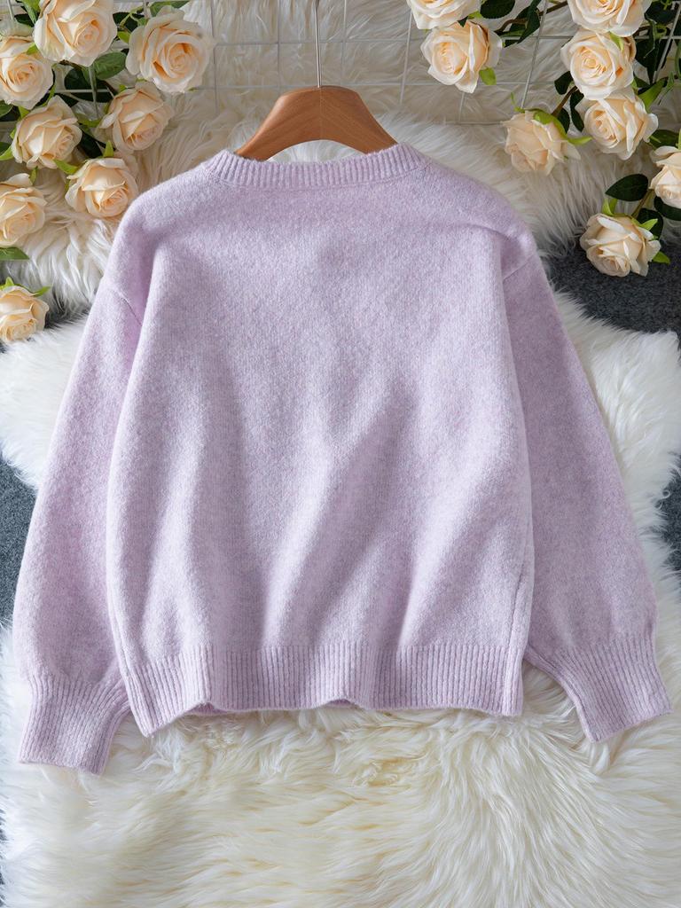 Elegante Damen-Strickjacke mit Knöpfen - Herbst/Winter Unifarbener Rundhals-Pullover