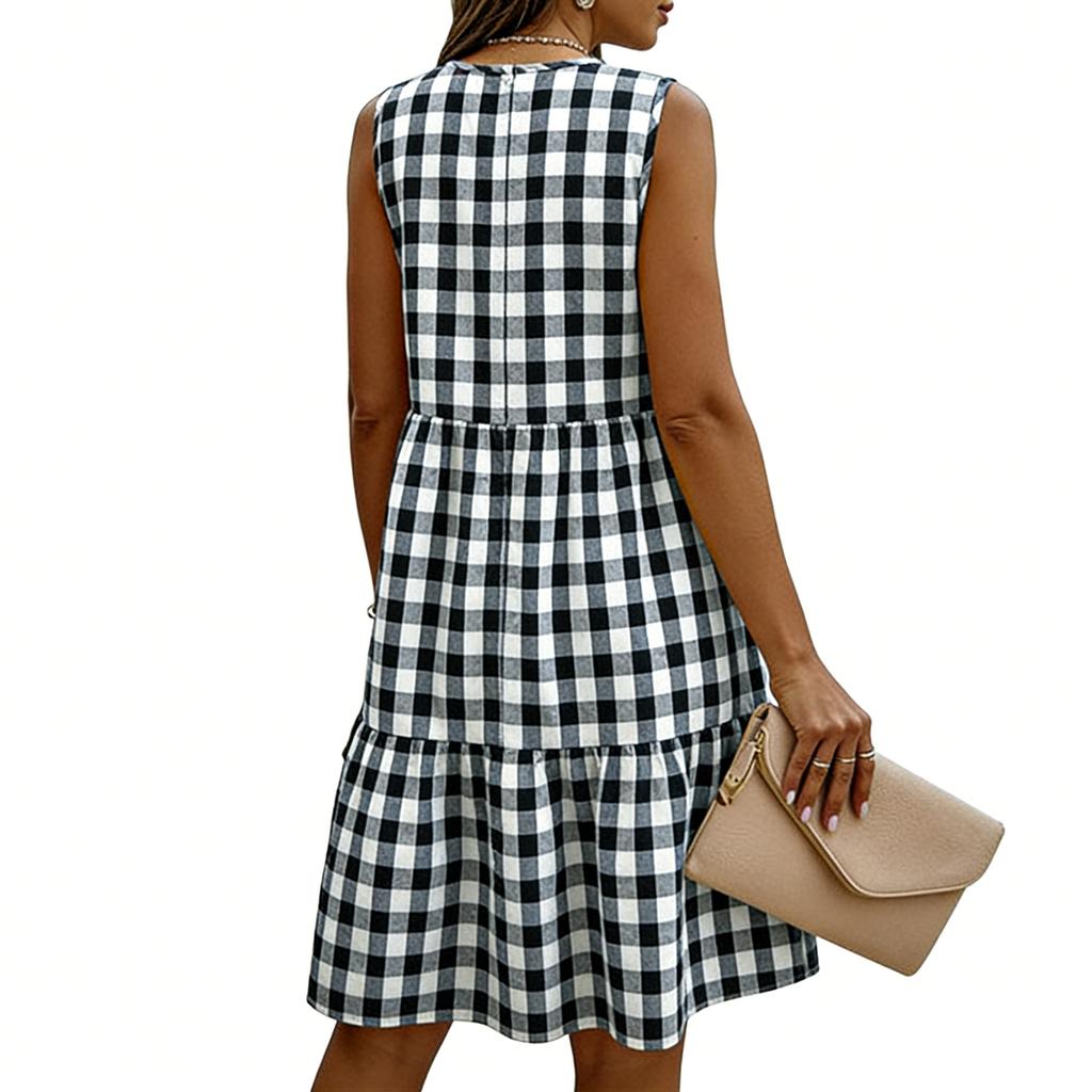 Women's Casual Round-neck Checkered Loose Dress