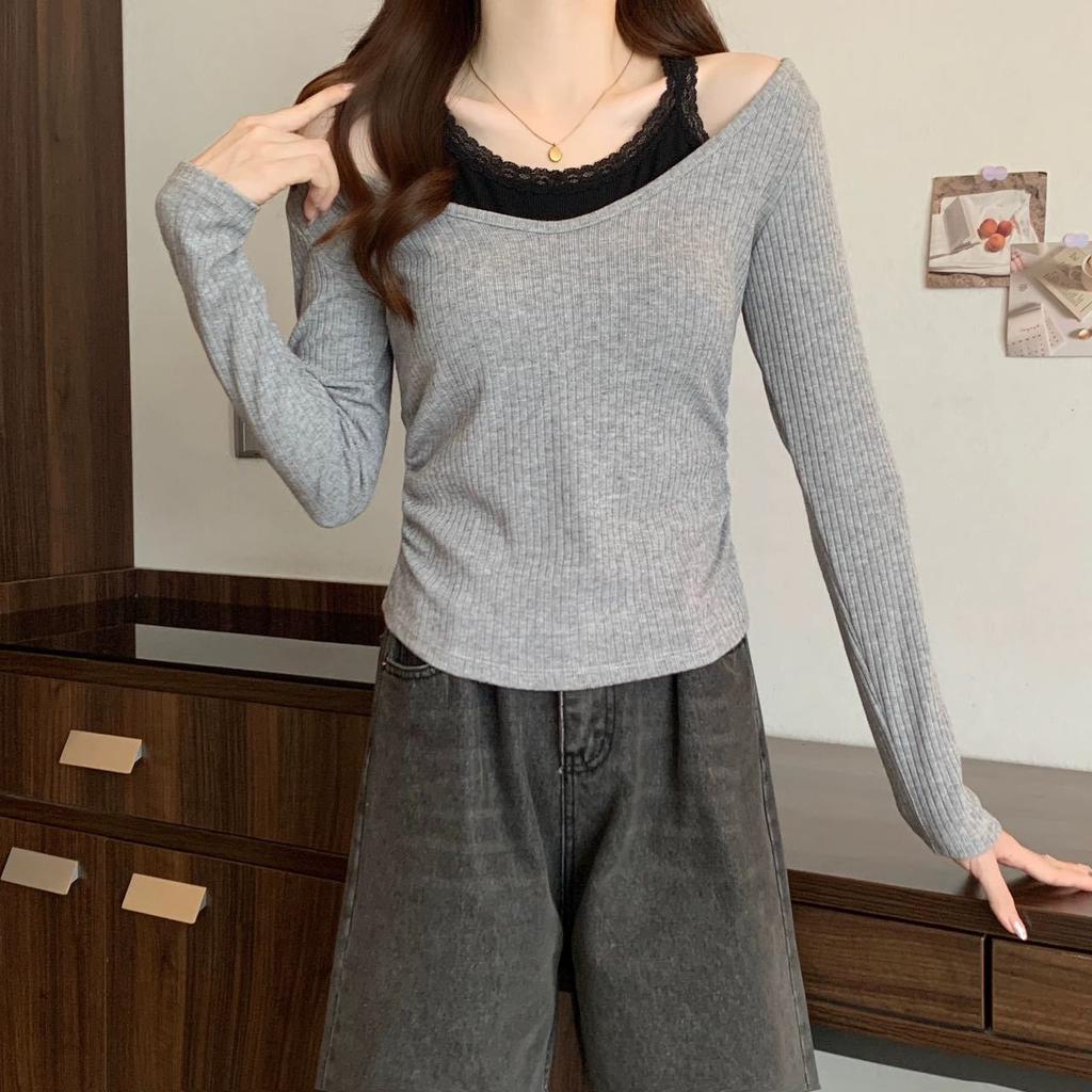 Autumn and Winter Pure Lace Fake Two Warm Top Female with Chest Pad Off-shoulder Long Sleeve Slim Bottom Shirt