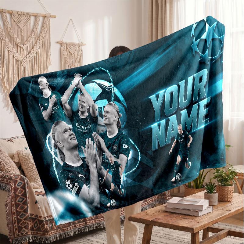 Erling Haaland Personalized Fleece Blanket With Football Logo, Custom Name Text Soft Warm Home Throw Blanket