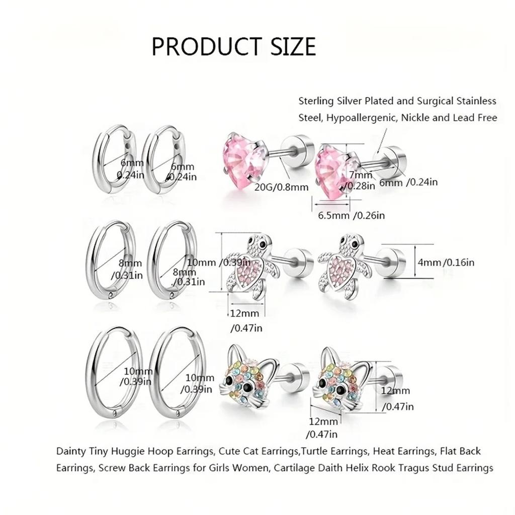 1-6 Pairs 20G Stainless Steel Flat Back Stud Earrings Hypoallergenic Jewelry for Women Cartilage Daith Piercing