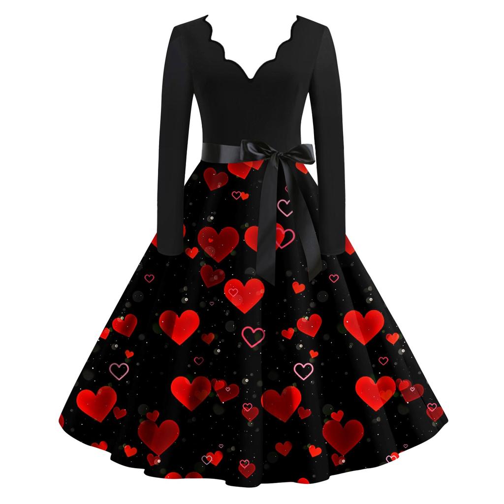 Women's Casual Fashion V-neck Long Sleeved Retro Love Print Retro Dress