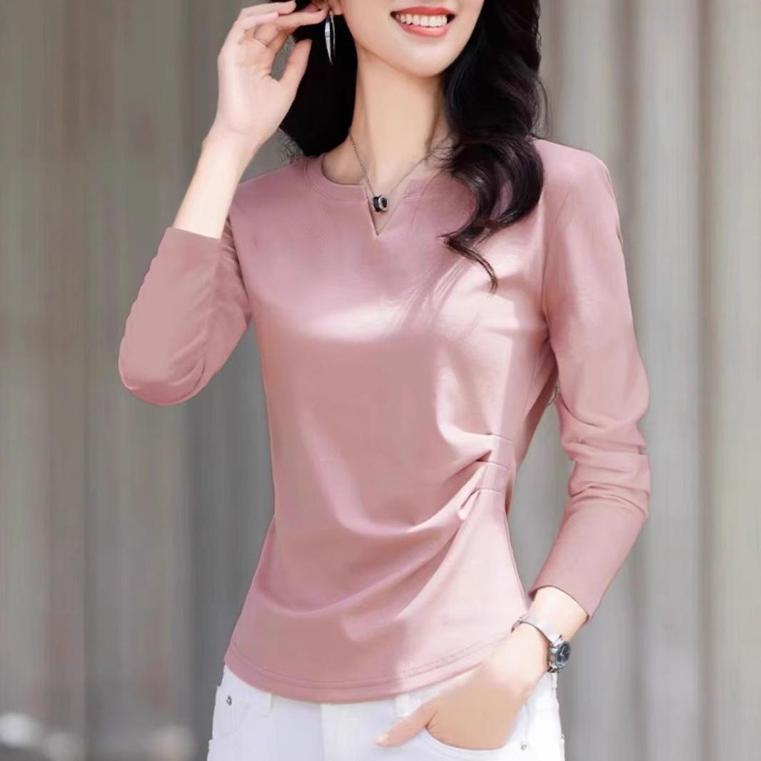 

Plus Size V-Neck Long Sleeve Ruched Waist Slimming Top for Women - 2025 Autumn Versatile Basic Inner Wear 2XL [126-150 jin]