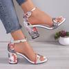 Fashion Summer New Chunky Sandals Women's Round Head Open Toe Printed Metal Buckle with A Line with Non-slip High Heels
