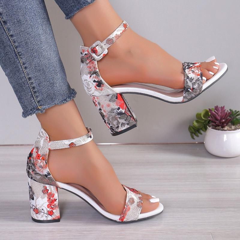 Fashion Summer New Chunky Sandals Women's Round Head Open Toe Printed Metal Buckle with A Line with Non-slip High Heels
