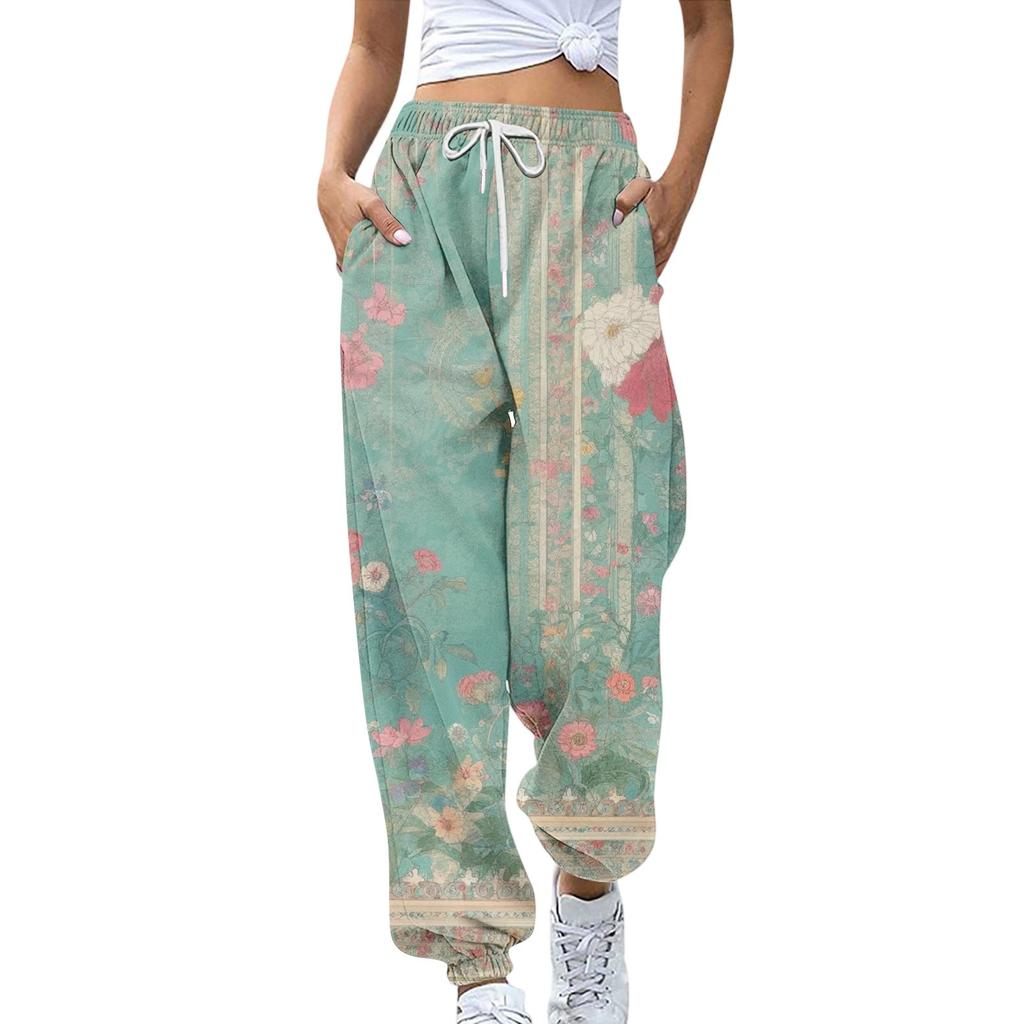 Women's Sports Pants With Pockets Fashion Floral Print Elastic Waist Pants Casual Sweatpants Pants