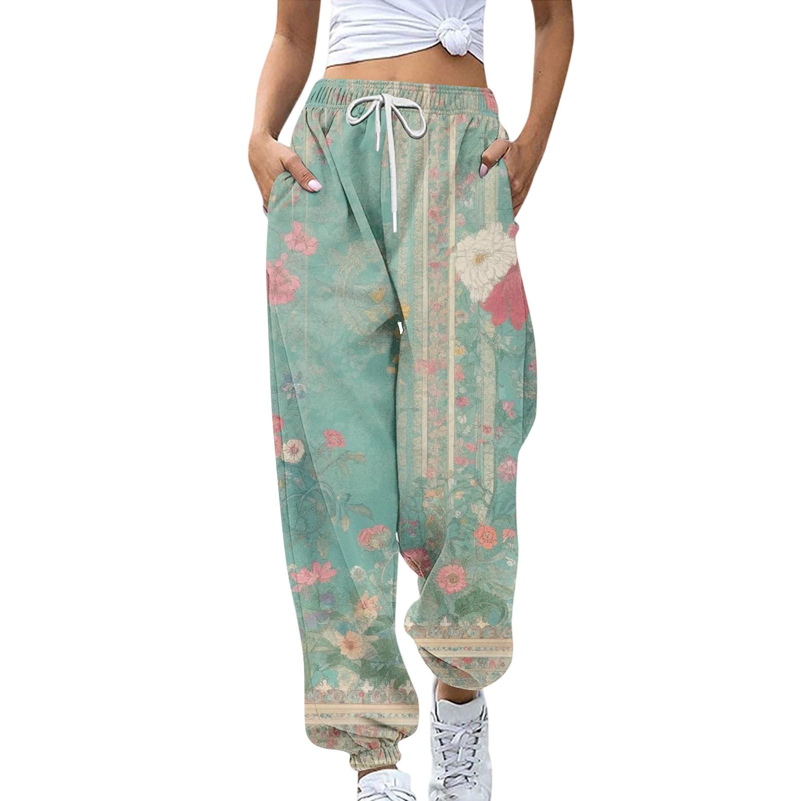 

Женские спортивные брюки с карманами, модные брюки с цветочным принтом, эластичной талией, повседневные спортивные штаны S