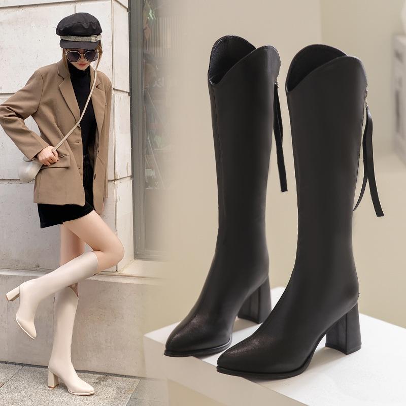 Fashion Tall Leather Boots Pointed Coarse Heel Women's Cigarette Boots Rear Zipper Martin Boots