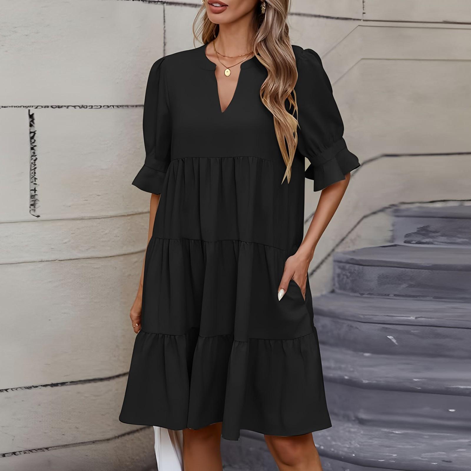 

Women s Fashion Casual Slim Middle Sleeve V-Neck Ruffle Dresses S чорний