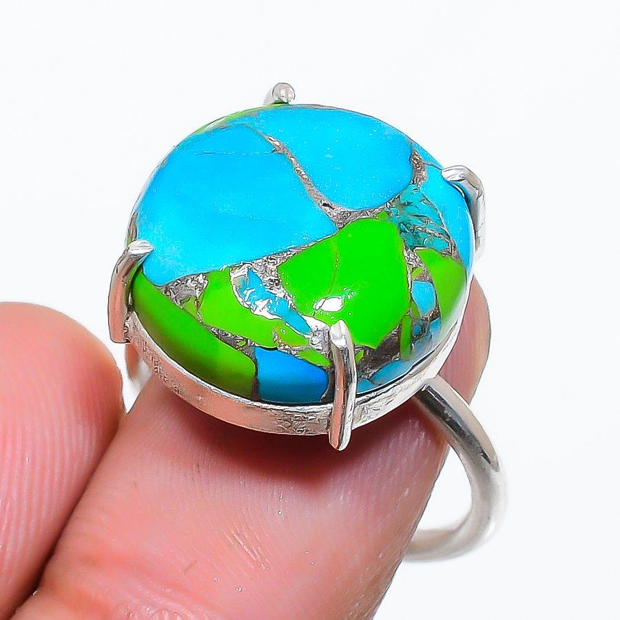 

Copper Green Turquoise Gemstone 925 Sterling Silver Jewelry Ring Size Adj. GK-6094