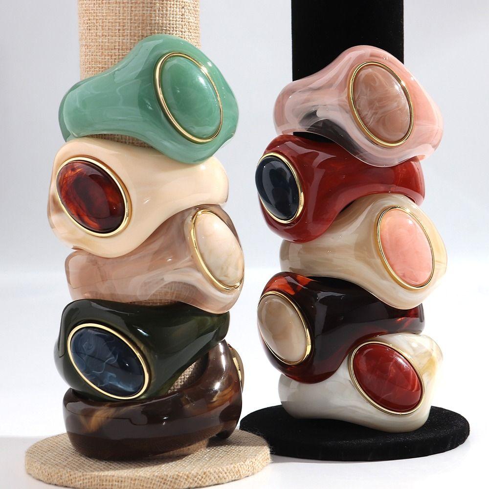 Stone Inlay Wide Bangle Oval Chunky Bracelet New Irregular Resin Bracelet  Gifts