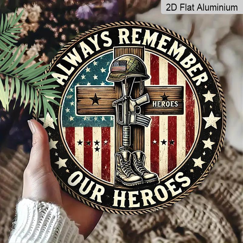 2D Flat, 1pc 7.87 Round Metal Sign | Patriotic Army Boots & Cross Iron Wall Art | Vintage Style, Wall Hanging, Suitable for Indoor & Outdoor Use in