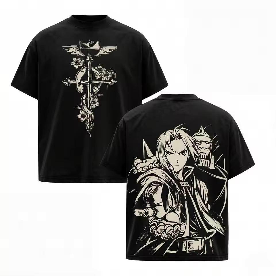Fullmetal Alchemist Edward Alphonse Double Sided T-shirt Cross Snake Flower Anime Print Oversized Cotton Tee For Men Women Fans