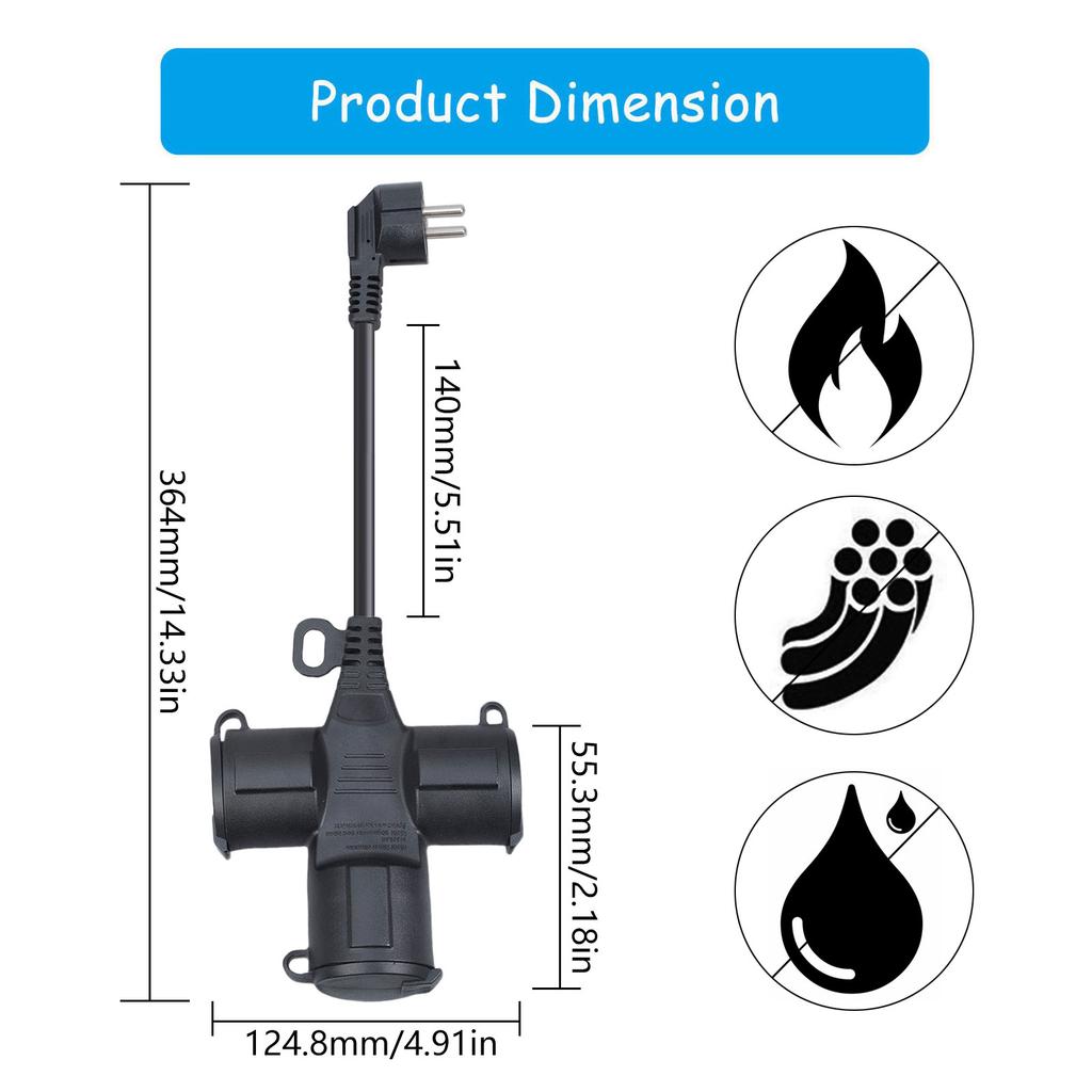 3 Outlet Outdoor Extension Cable IP44 Protective Flexible Rubber High Conductivity Cores 3500W Capacity Indoor Outdoor