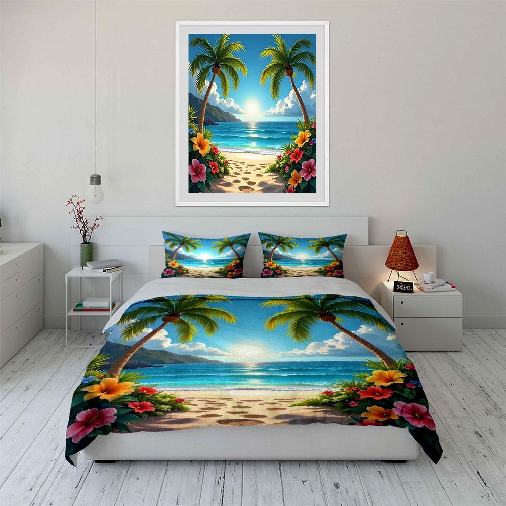 Tropischer Strand mit Palmen und Blumen Aufdruck Bettwäsche-Set 1 Bettbezug 2 Kissenbezüge Für Erwachsene und Kinder Luxusgeschenk