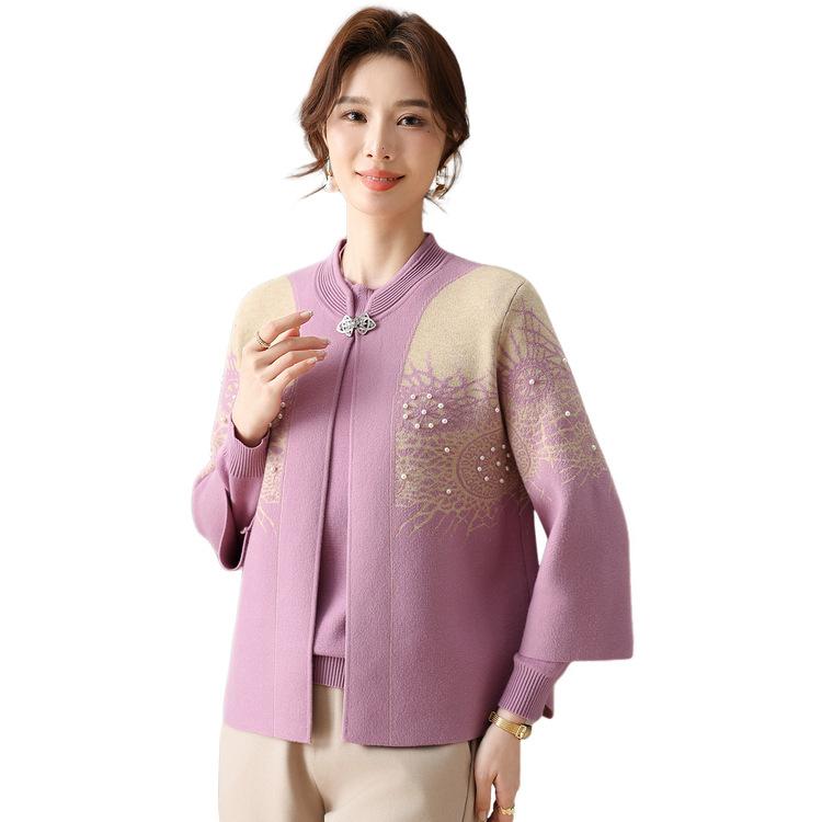 Middle-aged and Elderly Women's Sweater Set Mom Fashion Printing Two-piece Loose Knitted Sweater