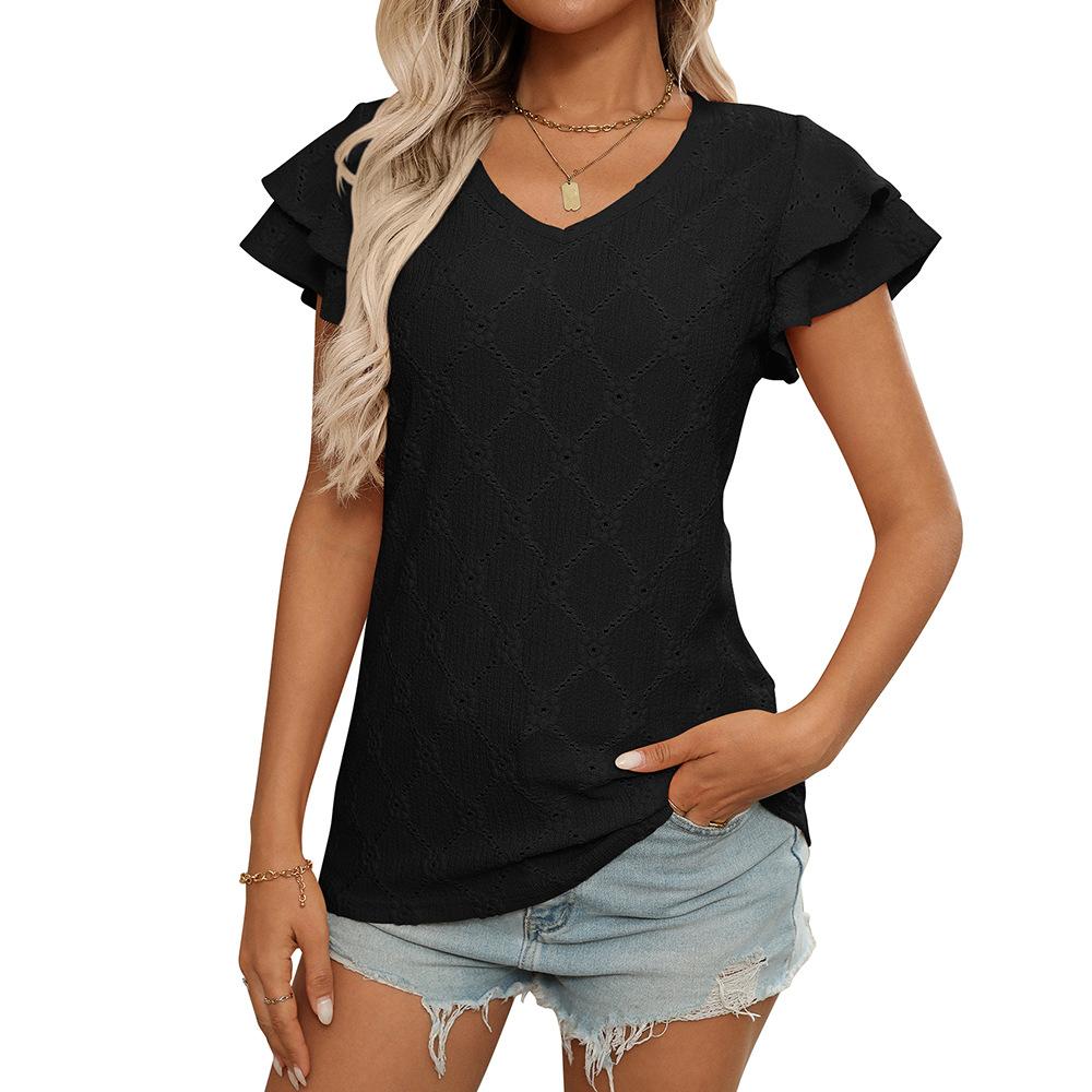 Frisches Sommer Damen Einfarbiges V-Ausschnitt Süßes Kurzarm T-Shirt Ausgehöhltes Top