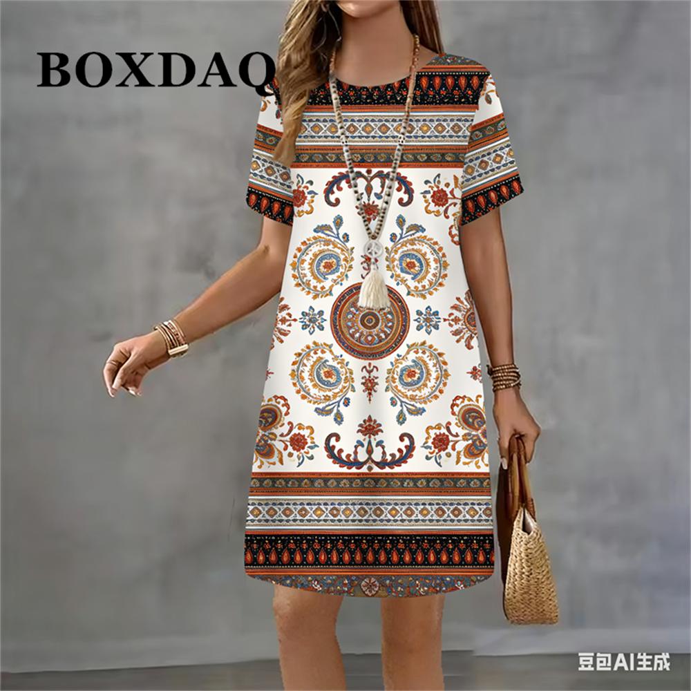 Vintage Ethnic Floral Pattern Print Women Dress Summer Fashion Casual Short Sleeve Round Neck Pullover Loose Dress Women s 2026 S