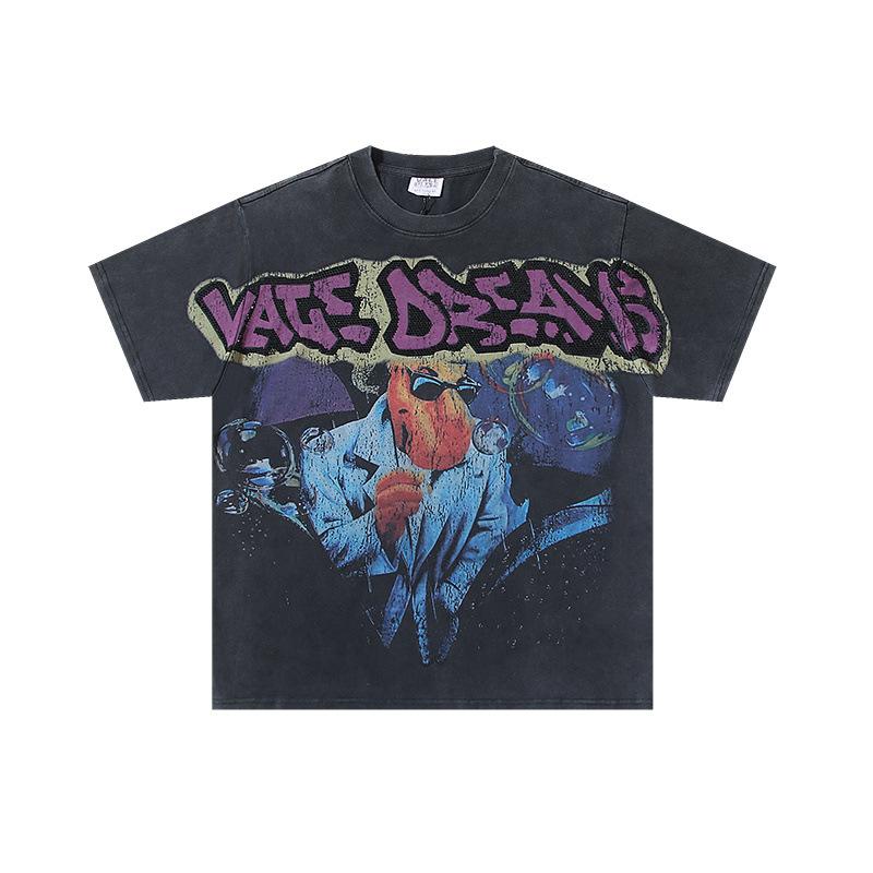 26 Cross-border foreign trade VALL Meichao high street retro washing water old direct injection hot diamond short sleeve pullover men's and women's 