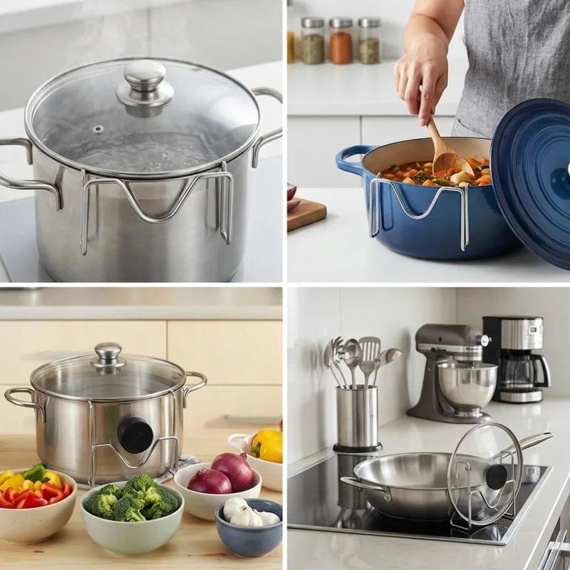 Kitchen Pot Lid Holder Stainless Steel Pan Cover Rack Pot Side Stand Modern Lid Rest Organizer Space Saving Kitchen Accessories