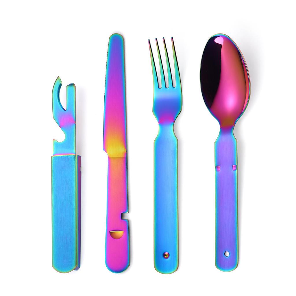 Stainless Steel Outdoor Tableware Set  Portable and Foldable Combination Western Food Knife Fork Spoon Multi-functional Bottle Opener for Travel