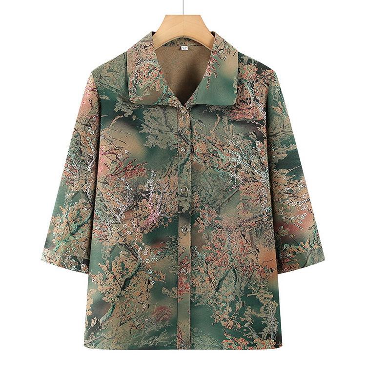 

2026 Women’s Summer Seven-Sleeve Loose Shirt – Mid-Aged & Elderly, Grandma/Mom Light Spring/Summer Top 3XL (Recommend 115-130 jin) зелёный
