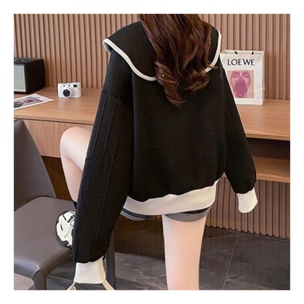 Navava Women Lettering Embossed Sailor Collar Long Sleeve Sweatshirt Nt1986