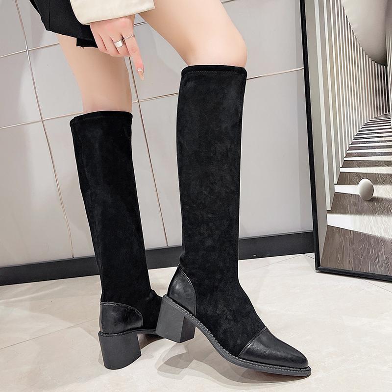 Paneled Suede Tall Boots Autumn New Pointed Toe Non-Slip Wear-Resistant Block Heel Knee-High Cotton Boots