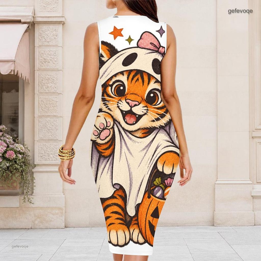 Women Plus Size Round Neck Sleeveless Printed Bodycon Midi Dress