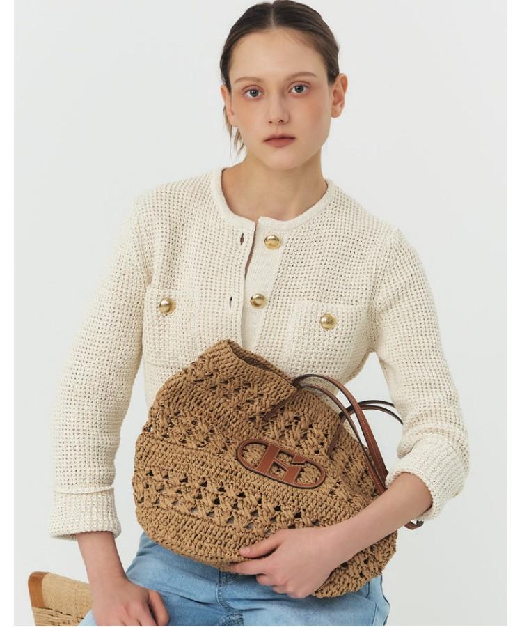 Hazzys Women Acc Handmade H Leather Patch Beige Rattan Shoulder Bag Hiba6E791I2