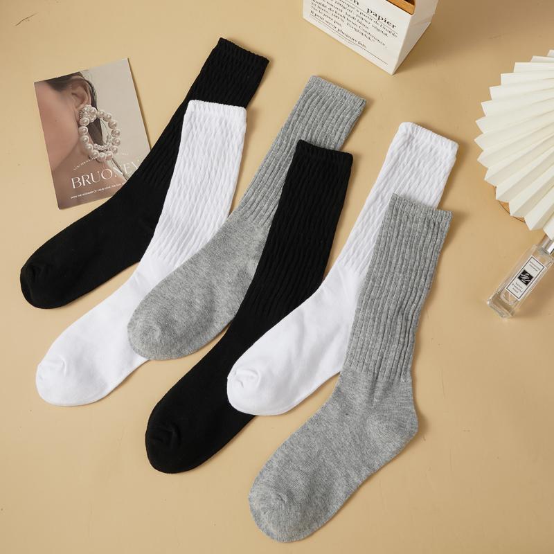 3 Pairs Womens Calf Socks Middle Length Scrunch Stacked Sock Cotton Boot Socks for Girls Trendy Solid Color JK Student Socks