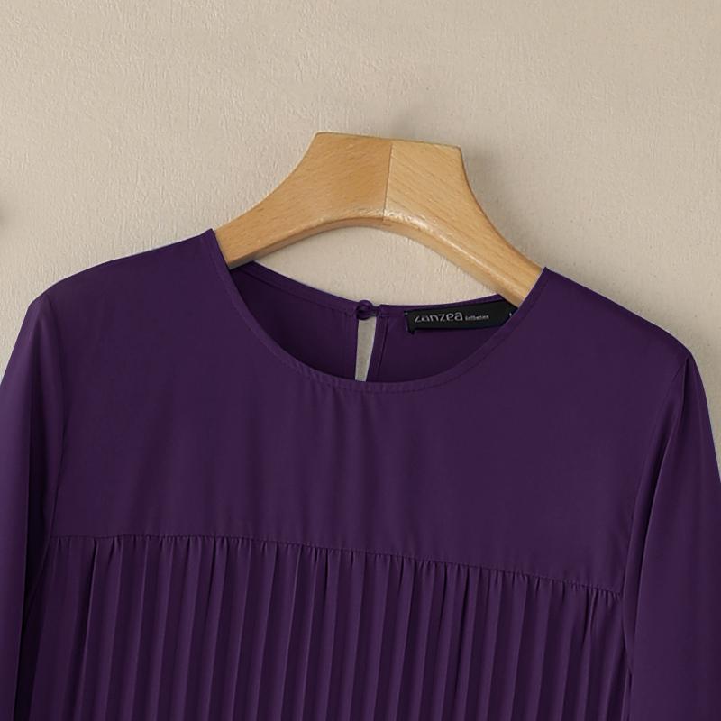 ZANZEA Women Round Neck Long Sleeve Casual Pleated Long Dress