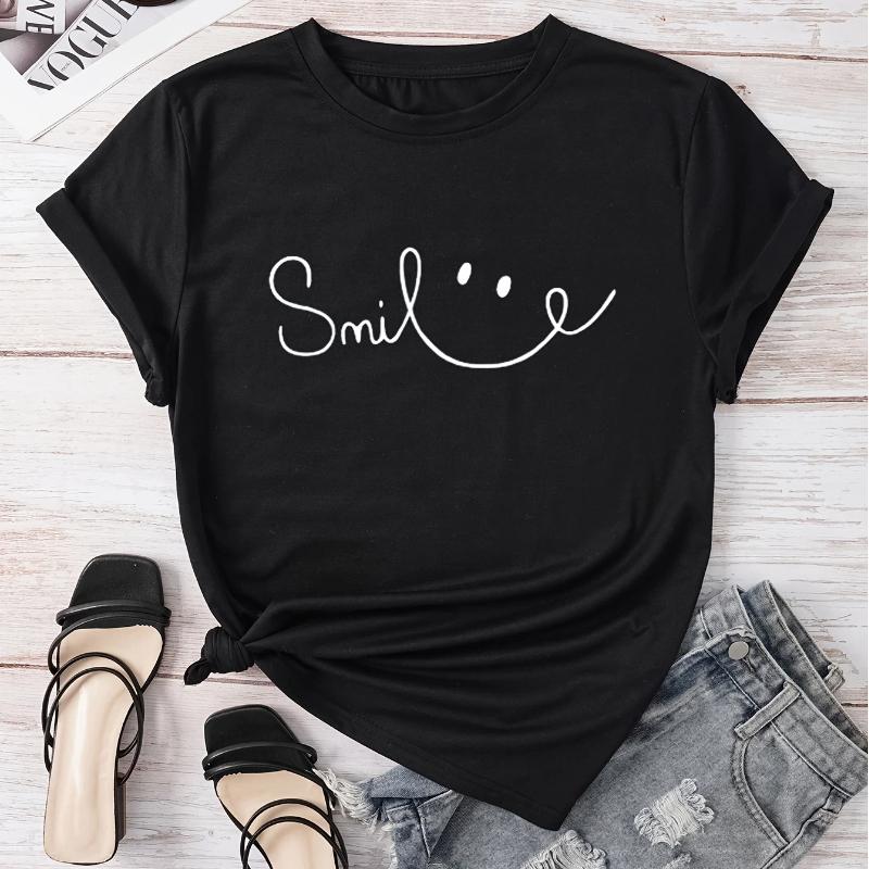 T-Shirt mit Buchstabenaufdruck und Rundhalsausschnitt, lässiges Kurzarm-Oberteil für Frühling & Sommer, Damenbekleidung