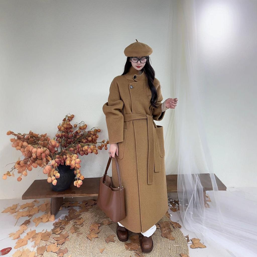Stand Collar, Tie Waist, Double-sided Cashmere Coat for Women, Autumnal and Winter Korean Style Long Knee-length Loose Woolen Coat
