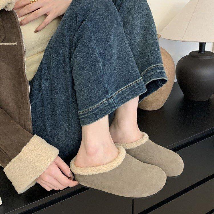 Soft leather version~ platform-soled Boken shoes slippers women's shoes wear 2024 autumn and winter plush half-toboken single shoes