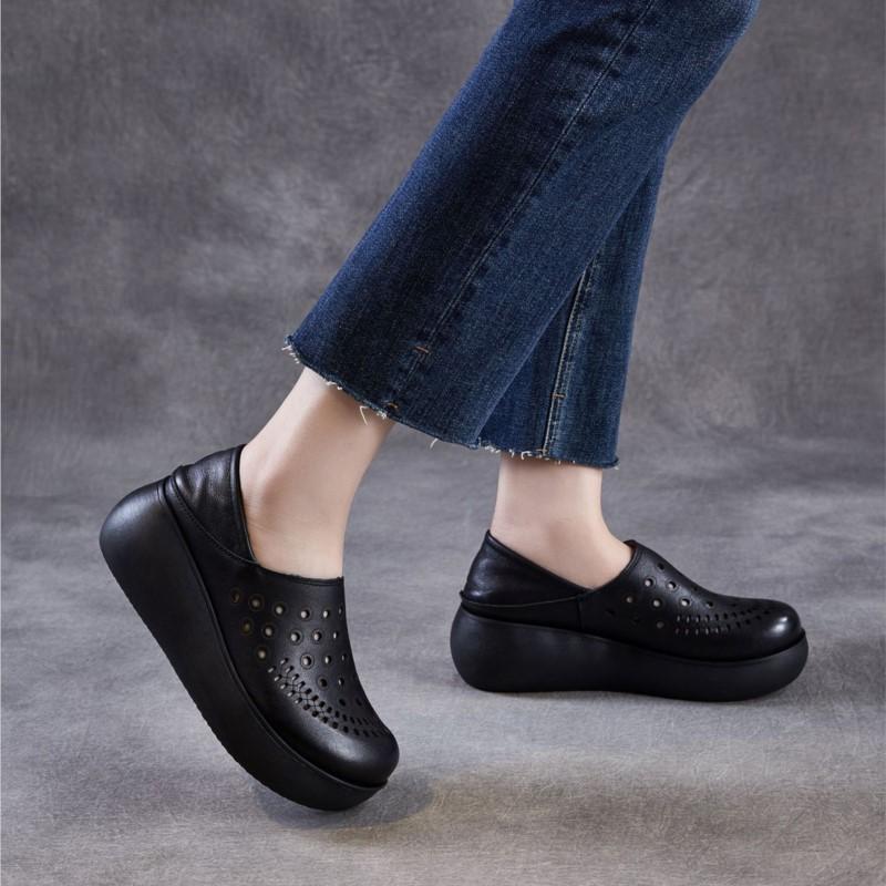 Johnature Echtes Leder Ausgeschnittene Keilsandalen mit dicker Sohle Bequeme und atmungsaktive Damen-Schlupfschuhe
