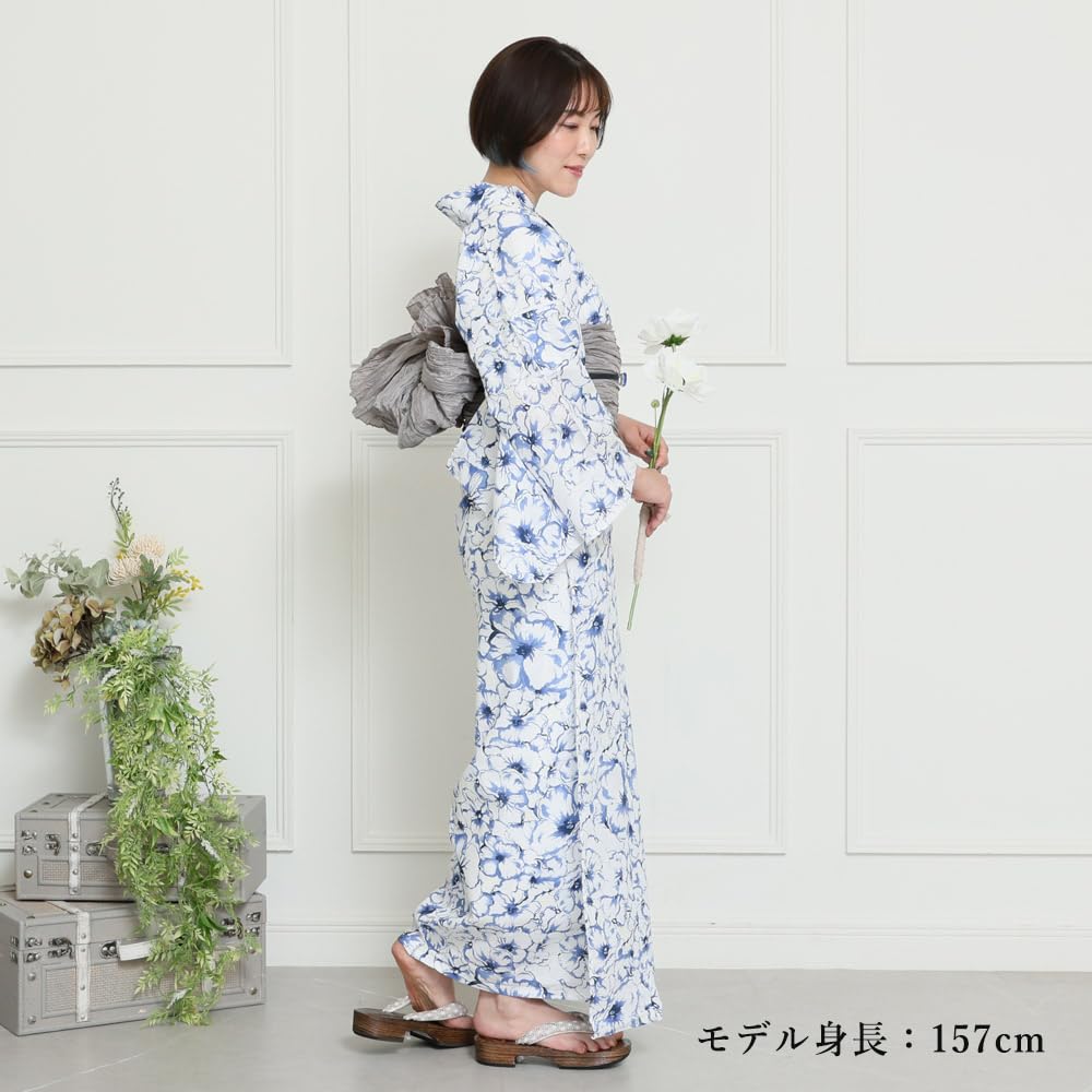 Kyoto Kimono Yuzen Women's Yukata Set with Obi, 2-Piece Set, Floral Print, Summer Kimono, Cotton Red Plum Blossoms (Gray)