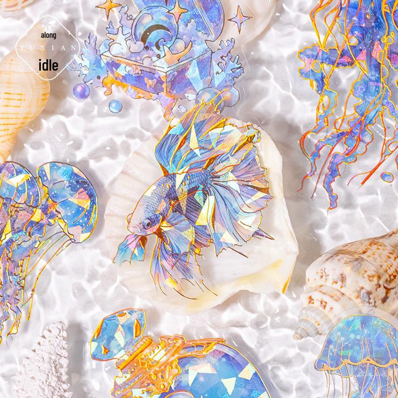 Yuxian Seashell Light Gold PET Sticker Pack: Crystal Tide Series - 20 Pieces, 4 Styles, Jellyfish Collage Material.