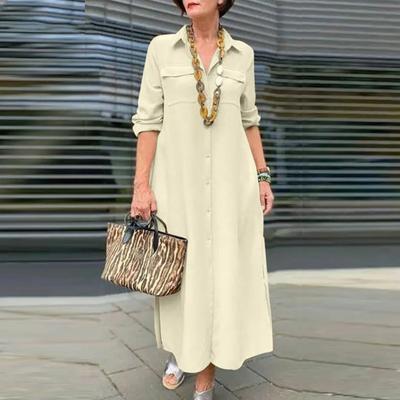 Women Dress Turn-down Collar Loose Solid Color Long Sleeve Single-breasted A-line Chest Pocket Soft Breathable Ankle Length Spring Fall Maxi Dress
