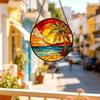 Round Stained Glass Window Hanging Panel with Tropical Beach Scene Palm Tree and Sunset Design for Garden Kitchen Sunroom Home Decor