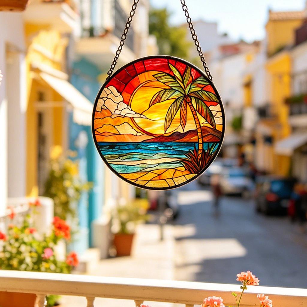 Round Stained Glass Window Hanging Panel with Tropical Beach Scene Palm Tree and Sunset Design for Garden Kitchen Sunroom Home Decor