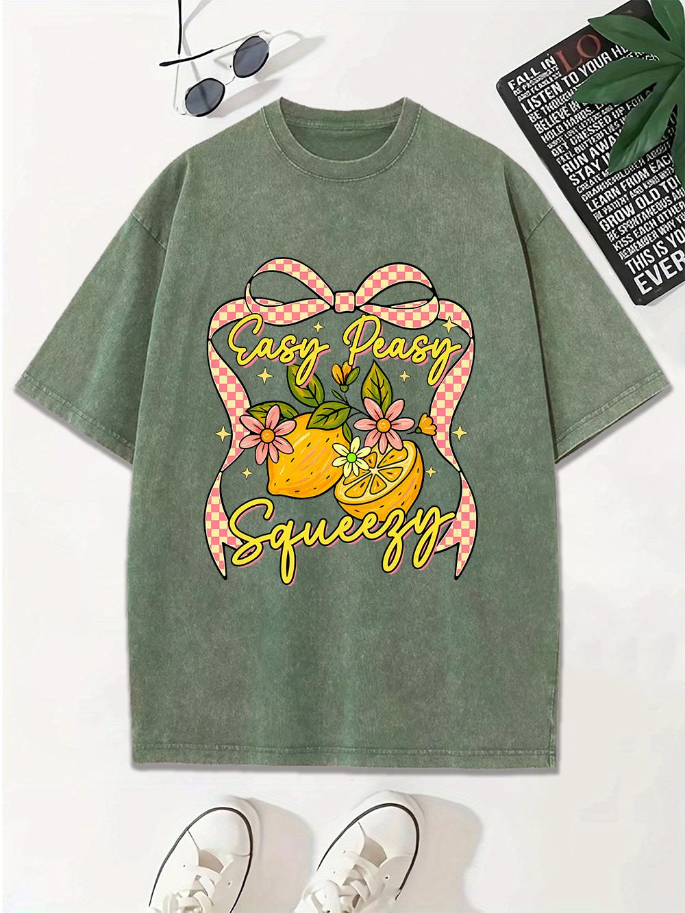 

Easy Peasy Squeezy Lemons Flower Bow Cotton Washed TShirt Women Oversize Tops Casual ONeck Distressed T Shirt Summer Clothes S