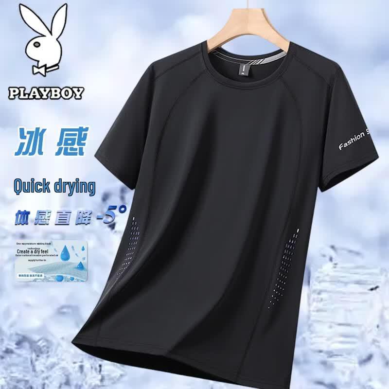 PLAYBOY Men s Summer Ice Silk Breathable Round Neck Sport T-Shirt 6XL