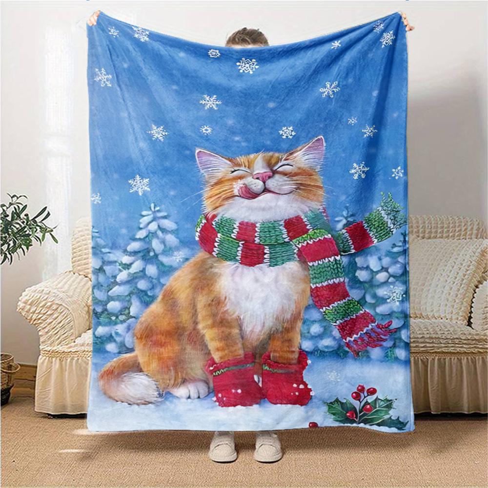 Winter Cat Snowscape Blanket Soft Throw Blanket For Home Bedroom Bed Sofa Travel Office Solid Christmas Blanket