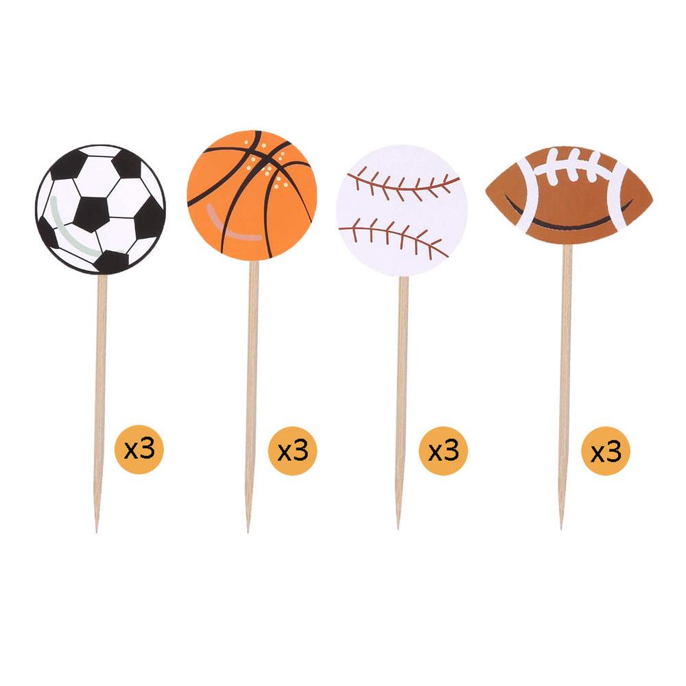 Sport Theme Cake Toppers Football Baseball Basketball Soccer Boy Party Cupcake Toppers Picks For Birthday Party Cake Decor 12PCs