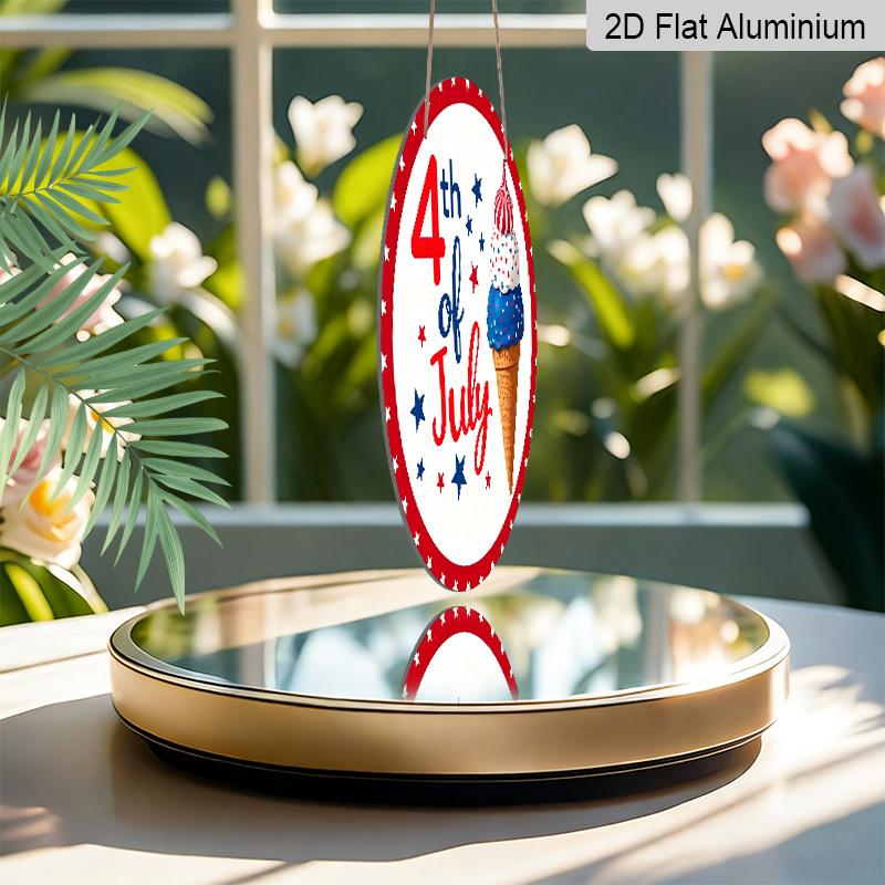 2D Flat - Decorative Signs, 4th of July Patriotic Aluminum Pendant with Hemp Rope - Round Ice Cream Cone Design, Red White and Blue Stars and Stripes