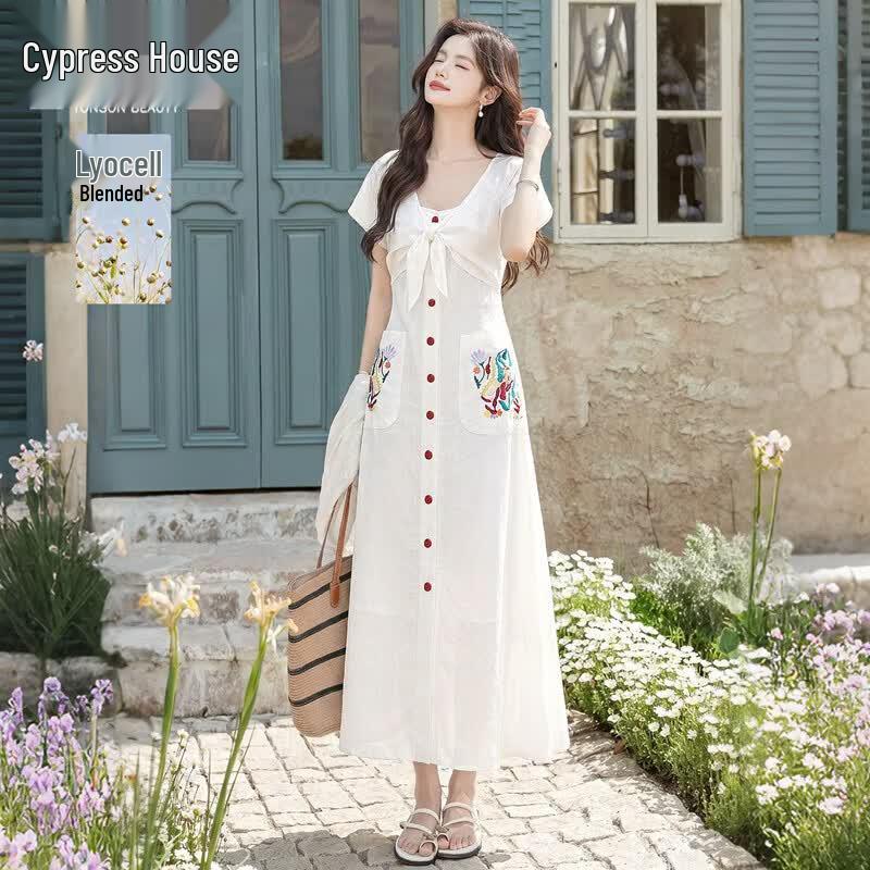 Sisibo Square Neck Embroidered Lyocell A-Line Midi Dress S
