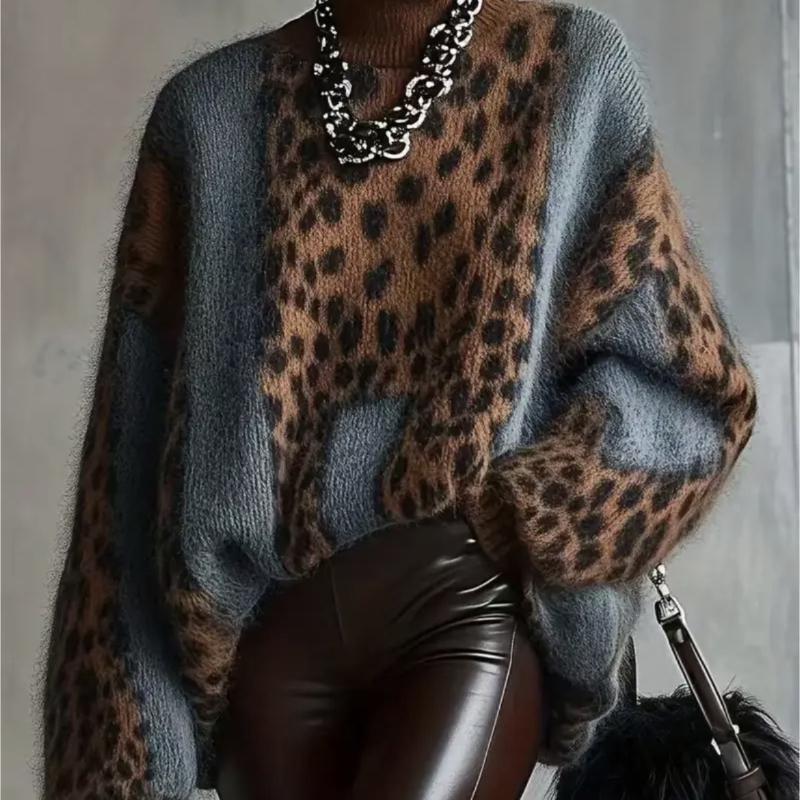 Nuevo Suéter de Punto de Estilo Perezoso Primavera 2026 con Estampado de Leopardo, Holgado, Retro, Empalmado para Mujer