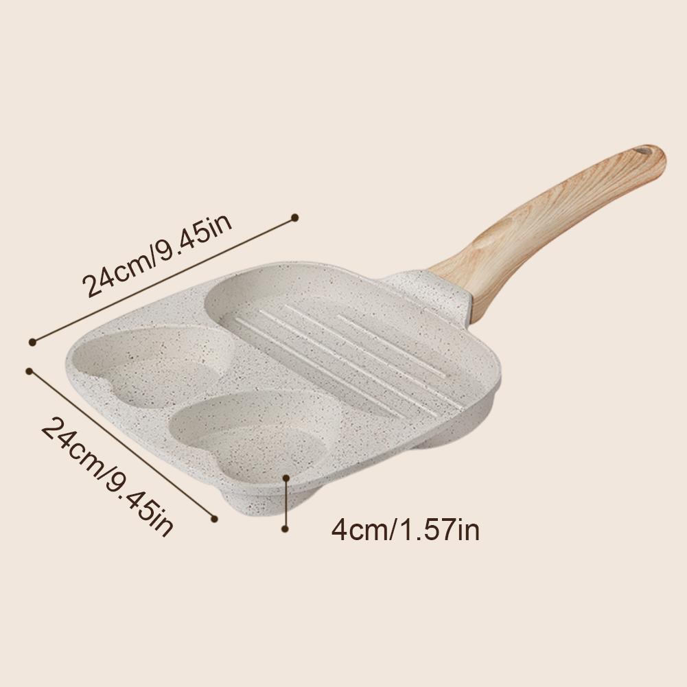 3-cup Egg Frying Pan for Breakfast Heart Shaped Non Stick Easy Clean Pancake Pan with Heat-Resistant Wooden Handle for All Stove