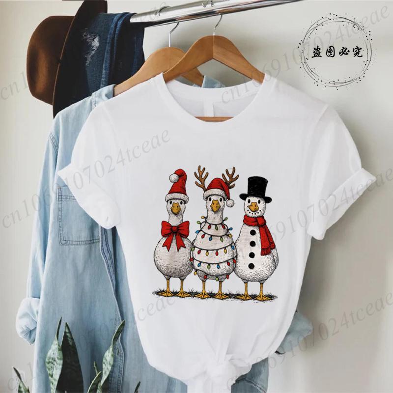 Vintage Jul Gås Tryck Unisex T-shirts Kläder Rund Hals T-shirt Kort Ärm Avslappnad Topp Tomte Gås Unisex Kläder